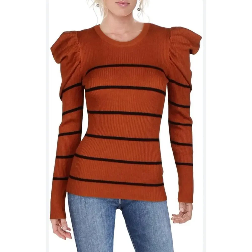 7 for All Mankind Brown Striped Cashmere Blend Puff Shoulder Crew Neck Sweater - Picture 2 of 9